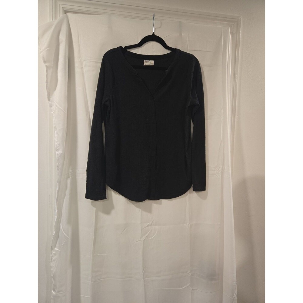 Maurices 24/7 Black Waffle Knit Long Sleeve Notch Neck Top